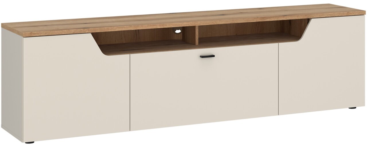 Z2 Tv-kast CUT OUT TV-lowboard in houtlook met crèmekleurige fronten, gezien vanaf de voorkant