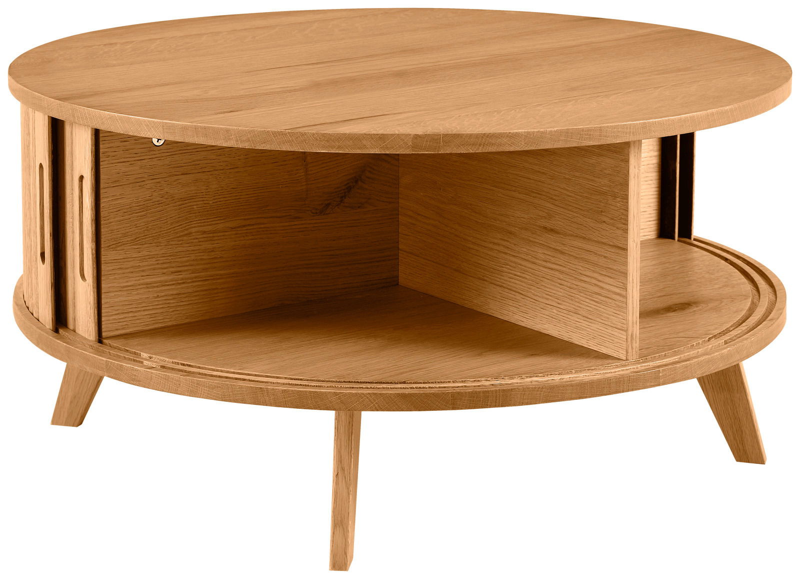 Runder Couchtisch aus Holz mit offenem Fach, seitliche Perspektive