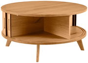 Runder Couchtisch aus Holz mit offenem Fach, seitliche Perspektive