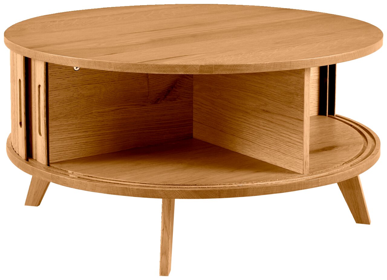 Runder Couchtisch aus Holz mit offenem Fach, seitliche Perspektive