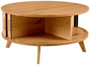 Runder Couchtisch aus Holz mit offenem Fach, seitliche Perspektive