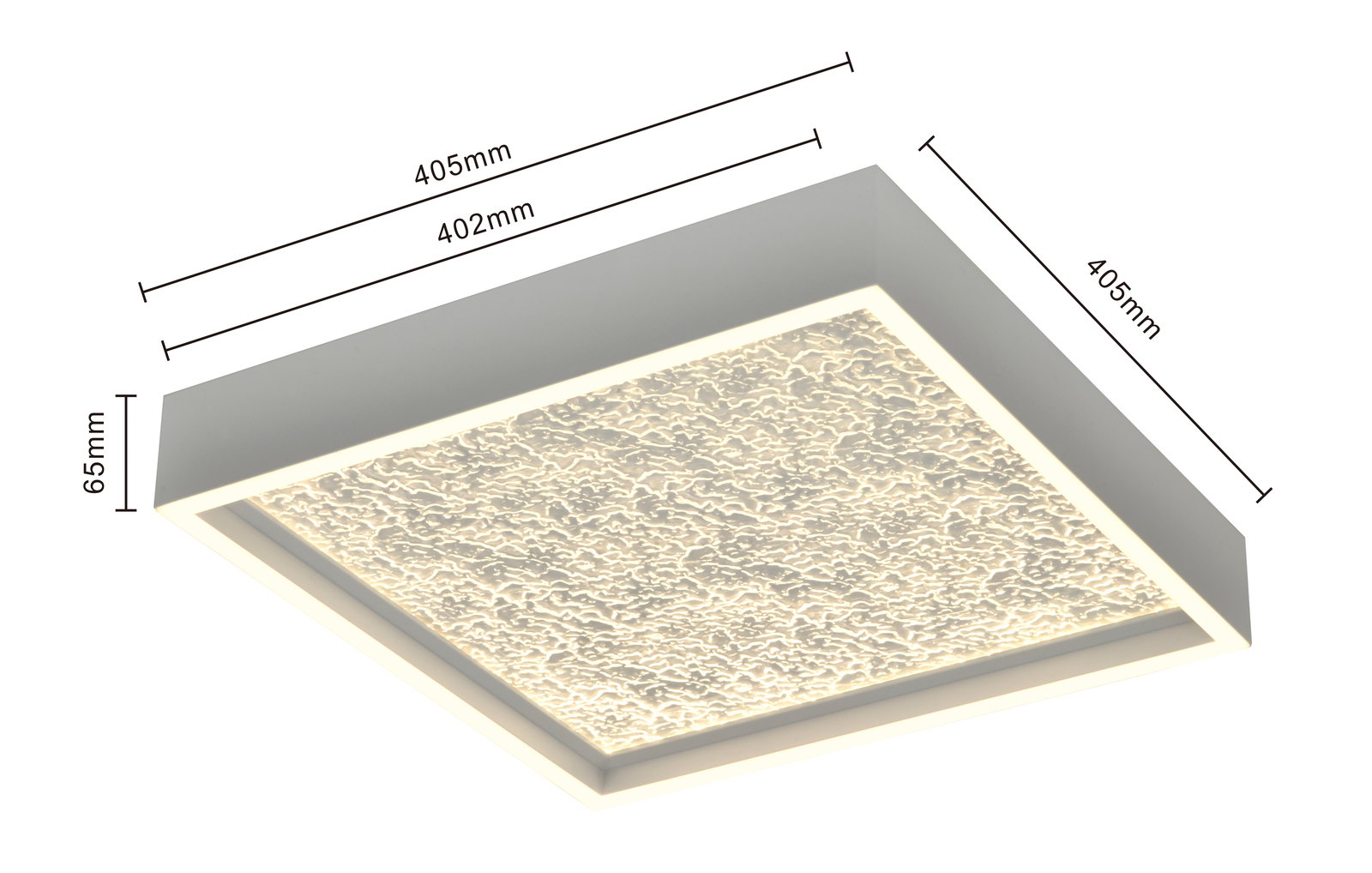 LED-Deckenleuchte in quadratischer Form mit strukturiertem Leuchtfeld, seitliche Perspektive