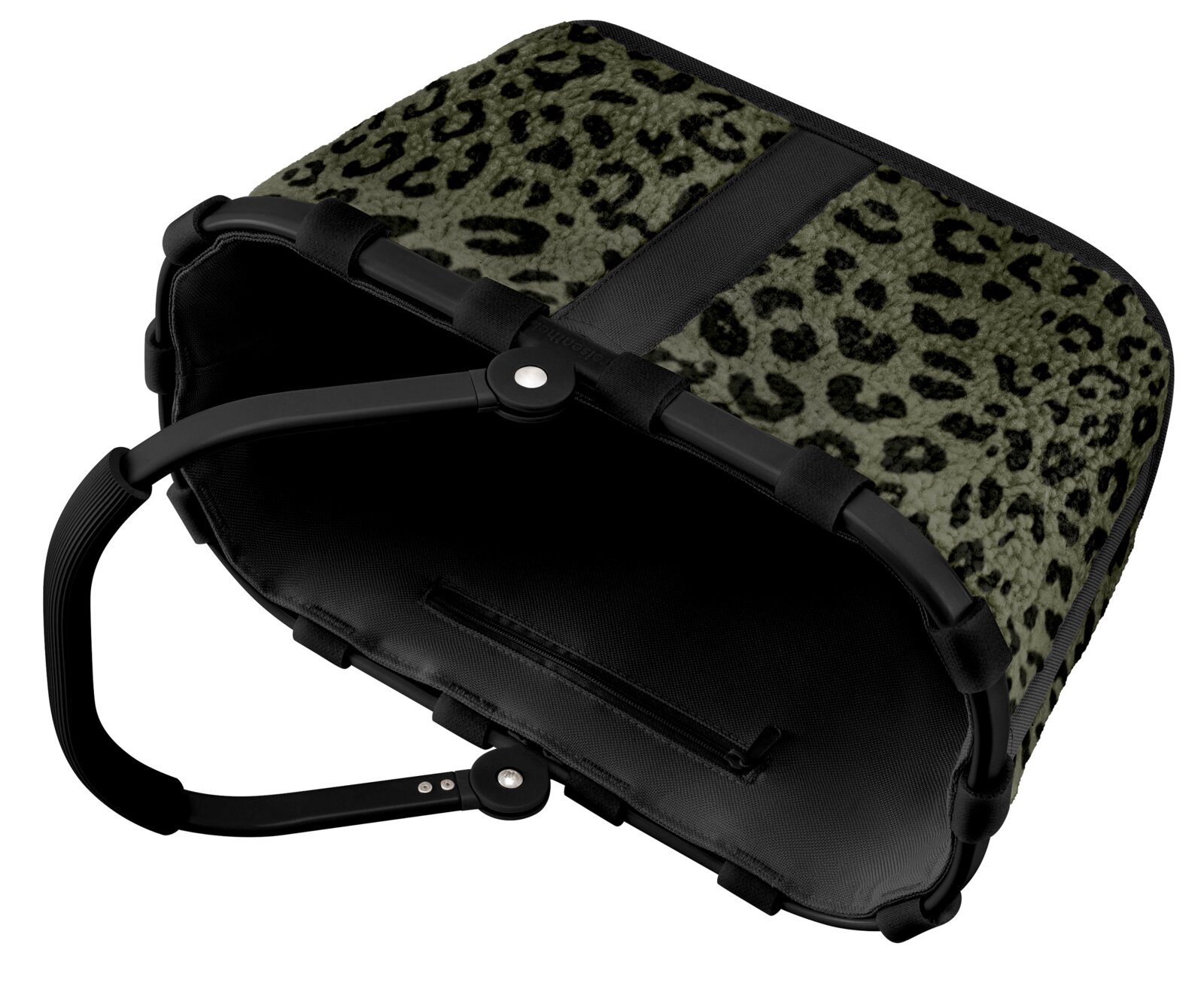 Leopardenmuster-Tasche mit schwarzem Griff, von oben betrachtet