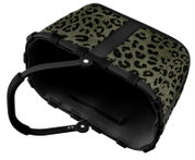 Leopardenmuster-Tasche mit schwarzem Griff, von oben betrachtet