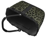 Leopardenmuster-Tasche mit schwarzem Griff, von oben betrachtet