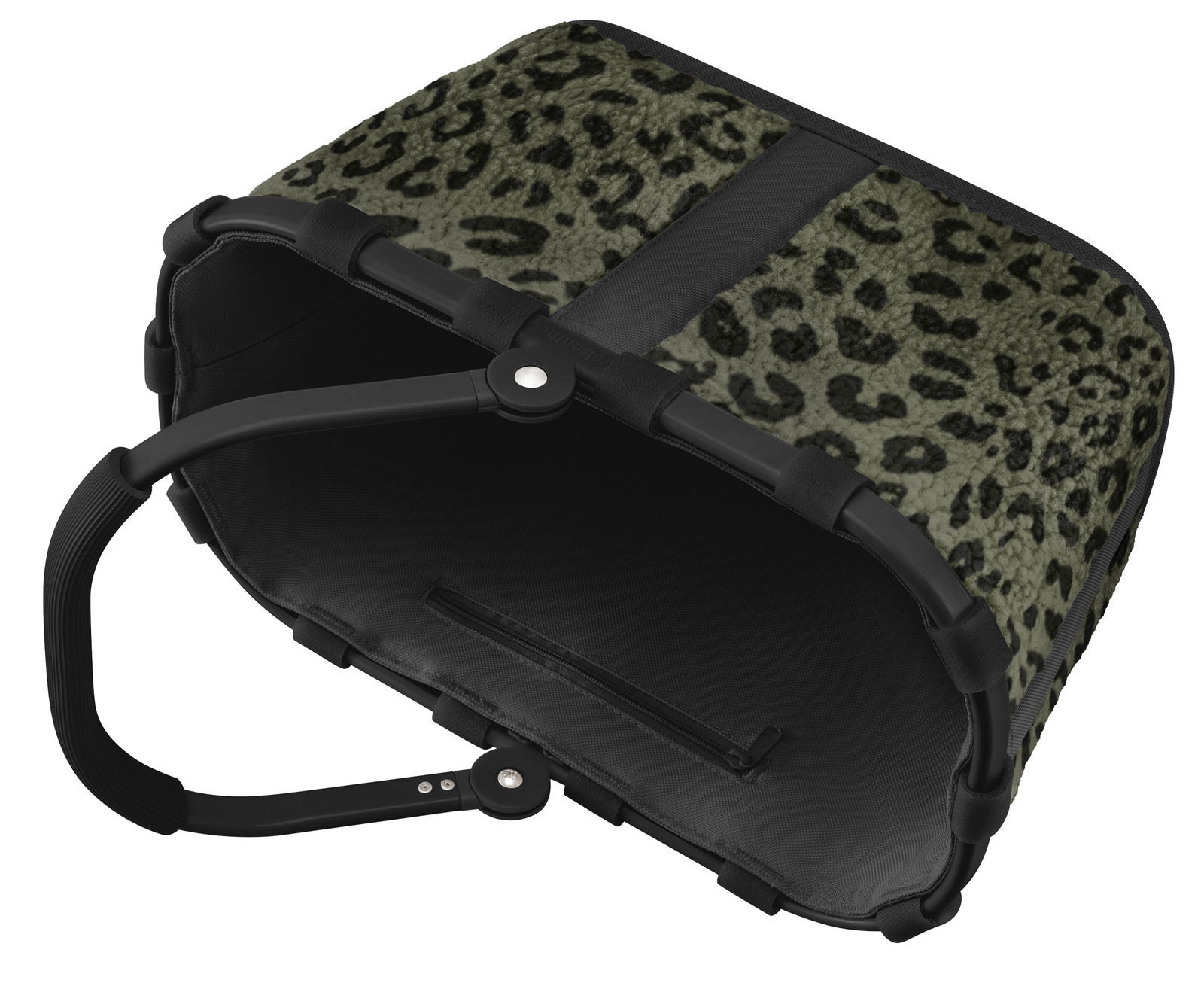 Leopardenmuster-Tasche mit schwarzem Griff, von oben betrachtet