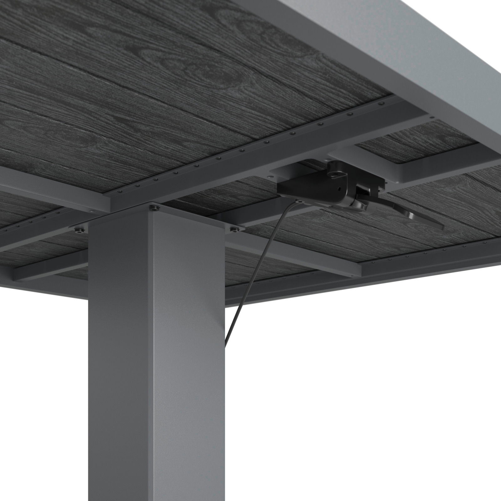 Unteransicht eines Loungegarnitur-Sets mit Metallrahmen und Holzoptik-Tischplatte, Kabel sichtbar