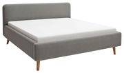 Graues Polsterbett mit Holzfüßen, seitliche Perspektive