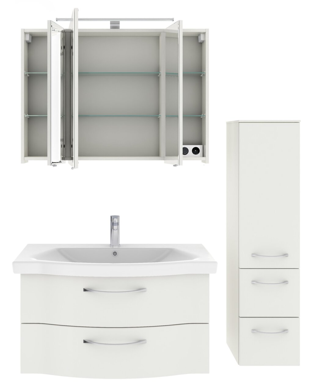 Badezimmermöbel-Set bestehend aus einem Spiegelschrank mit offenen Türen, einem Waschbeckenunterschrank mit zwei Schubladen und einem hohen, schmalen Schrank mit zwei Schubladen und einer Tür, frontal und seitlich abgebildet.