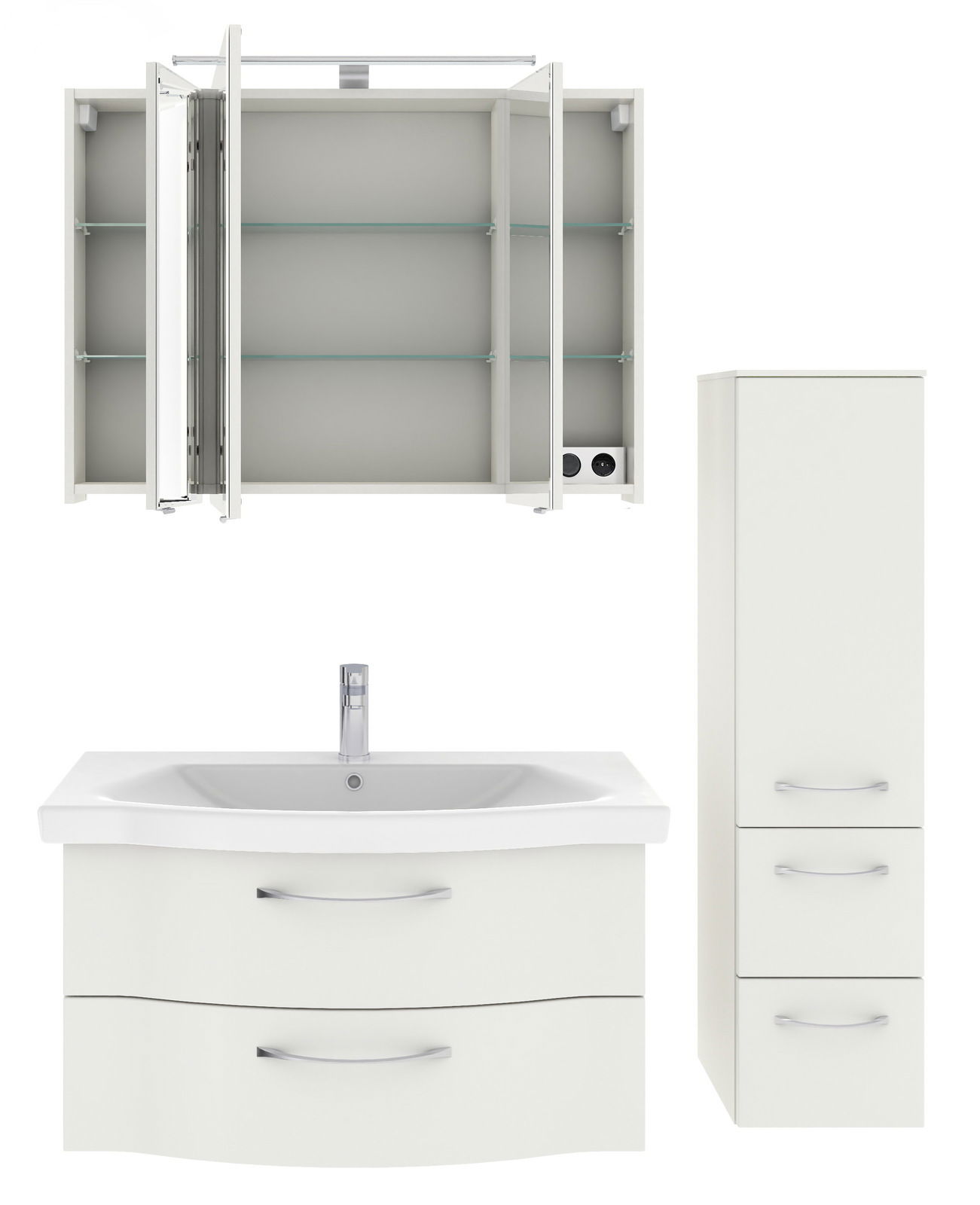 Badezimmermöbel-Set bestehend aus einem Spiegelschrank mit offenen Türen, einem Waschbeckenunterschrank mit zwei Schubladen und einem hohen, schmalen Schrank mit zwei Schubladen und einer Tür, frontal und seitlich abgebildet.