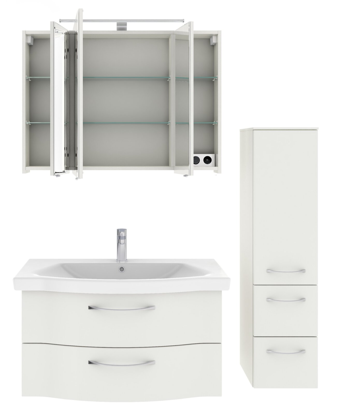 Badezimmermöbel-Set bestehend aus einem Spiegelschrank mit offenen Türen, einem Waschbeckenunterschrank mit zwei Schubladen und einem hohen, schmalen Schrank mit zwei Schubladen und einer Tür, frontal und seitlich abgebildet.