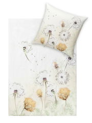 Bettwäsche-Set mit Löwenzahn-Motiv, bestehend aus einem Kissenbezug und einem Bettdeckenbezug, aus der Vogelperspektive fotografiert.