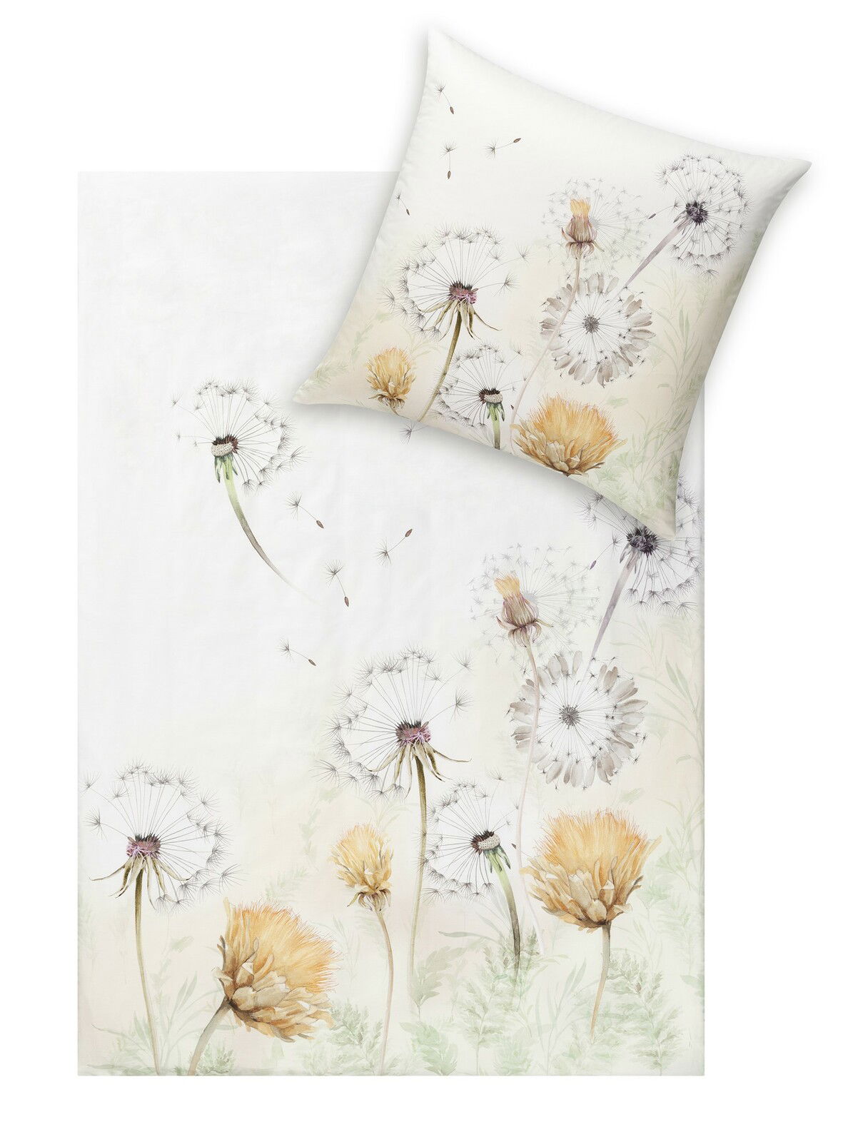 Estella Bettwäsche Bettwäsche-Set mit Löwenzahn-Motiv, bestehend aus einem Kissenbezug und einem Bettdeckenbezug, aus der Vogelperspektive fotografiert.