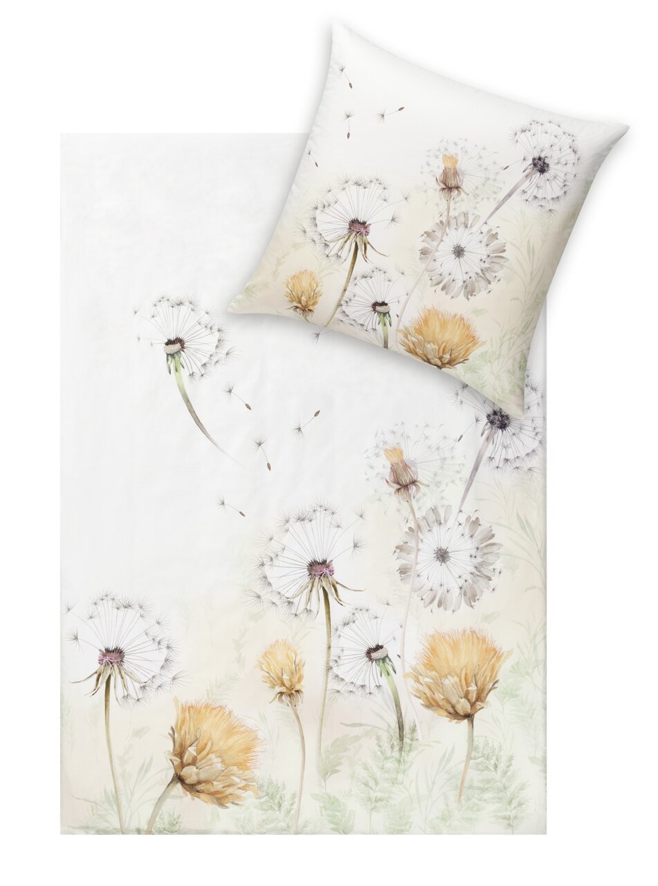Estella Bettwäsche Bettwäsche-Set mit Löwenzahn-Motiv, bestehend aus einem Kissenbezug und einem Bettdeckenbezug, aus der Vogelperspektive fotografiert.