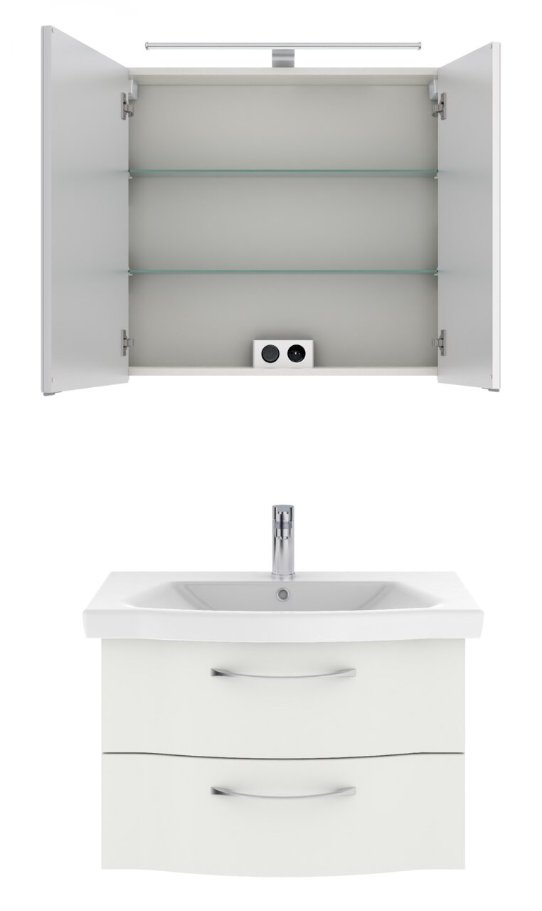 Badezimmermöbel-Set mit geöffnetem Spiegelschrank und Waschbeckenunterschrank, Frontalansicht