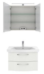 Badezimmermöbel-Set mit geöffnetem Spiegelschrank und Waschbeckenunterschrank, Frontalansicht