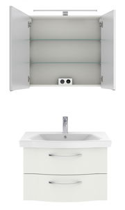 Badezimmermöbel-Set mit geöffnetem Spiegelschrank und Waschbeckenunterschrank, Frontalansicht