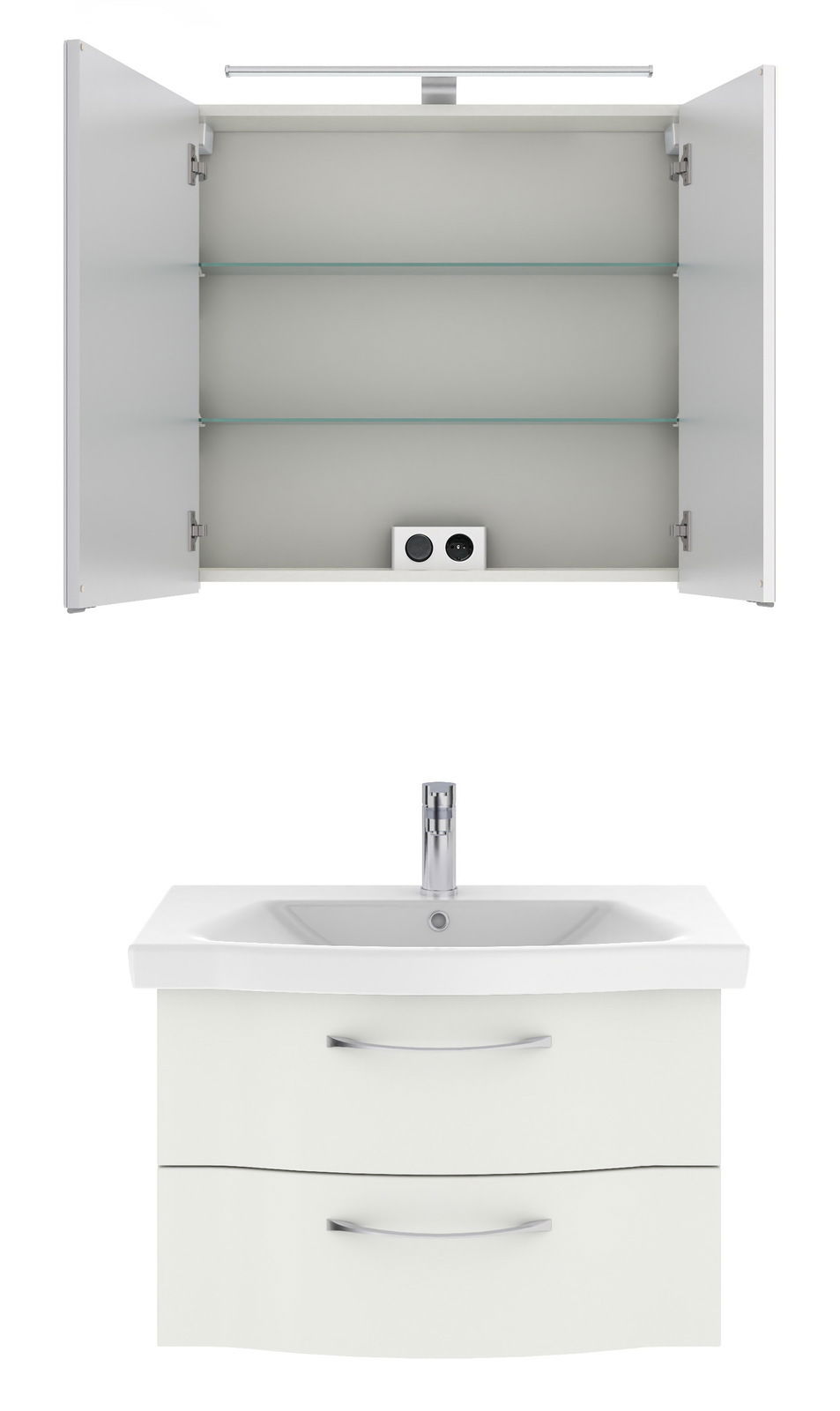 Badezimmermöbel-Set mit geöffnetem Spiegelschrank und Waschbeckenunterschrank, Frontalansicht