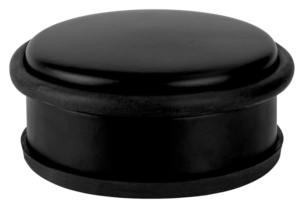 Schwarzer Türstopper aus Gummi in zylindrischer Form, seitliche Perspektive