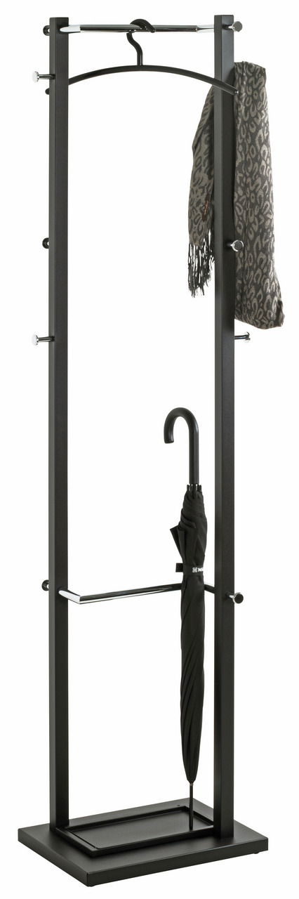 Moderner Garderobenständer aus Metall mit Haken für Mäntel und Schals, sowie einem Fach für Regenschirme. Frontalansicht.