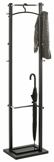 Moderner Garderobenständer aus Metall mit Haken für Mäntel und Schals, sowie einem Fach für Regenschirme. Frontalansicht.