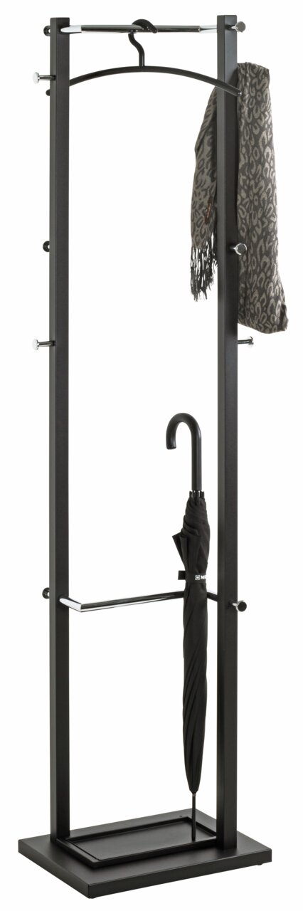 Moderner Garderobenständer aus Metall mit Haken für Mäntel und Schals, sowie einem Fach für Regenschirme. Frontalansicht.