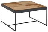 Moderner Couchtisch mit Holzplatte und schwarzem Metallgestell, seitliche Perspektive