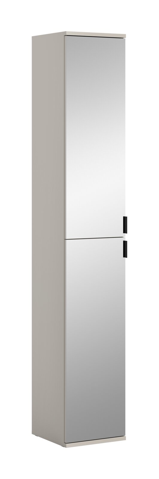 MID.YOU Spiegelschrank PROJEKT X Hoher, schmaler Badezimmerschrank in Hellgrau mit zwei Spiegeltüren und schwarzen Griffen, freistehend, gezeigt in leichter Seitenansicht (3/4-Perspektive) von vorn.