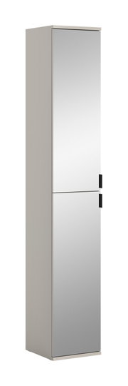 Hoher, schmaler Badezimmerschrank in Hellgrau mit zwei Spiegeltüren und schwarzen Griffen, freistehend, gezeigt in leichter Seitenansicht (3/4-Perspektive) von vorn.