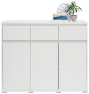 Weißes Sideboard mit drei Schubladen und drei Türen, dekoriert mit Büchern und einer Pflanze, frontale Ansicht.