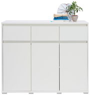Weißes Sideboard mit drei Schubladen und drei Türen, dekoriert mit Büchern und einer Pflanze, frontale Ansicht.