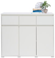 Weißes Sideboard mit drei Schubladen und drei Türen, dekoriert mit Büchern und einer Pflanze, frontale Ansicht.