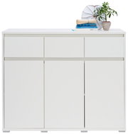 Wit dressoir met drie lades en drie deuren, versierd met boeken en een plant, vooraanzicht.