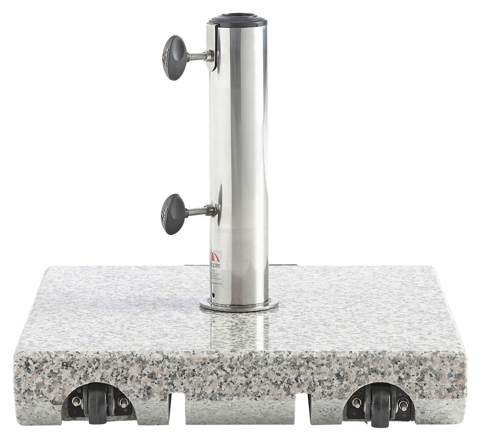 Granit-Trolley-Sockel mit Edelstahlrohr und Rollen, Frontalansicht