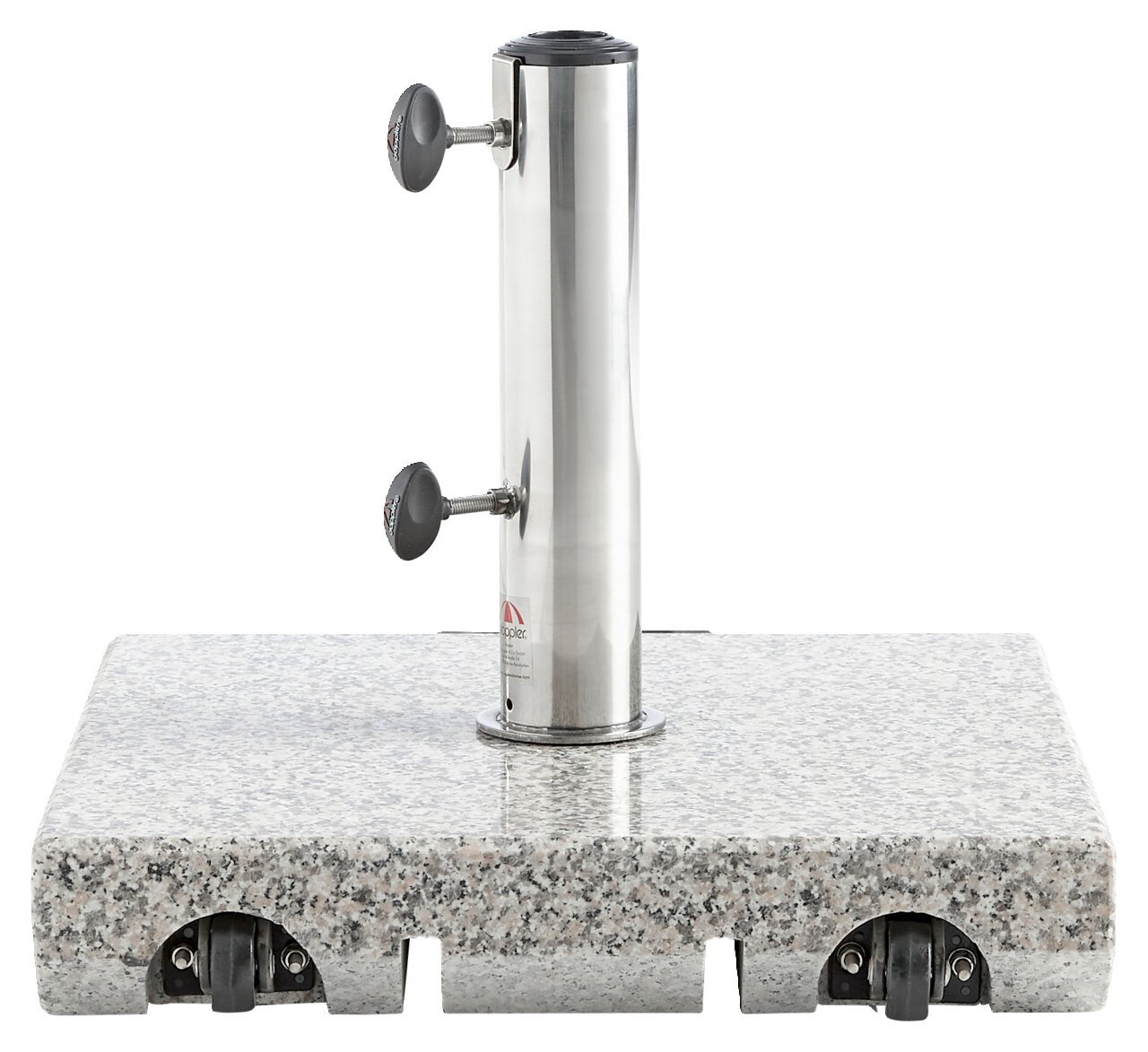 Granit-Trolley-Sockel mit Edelstahlrohr und Rollen, Frontalansicht