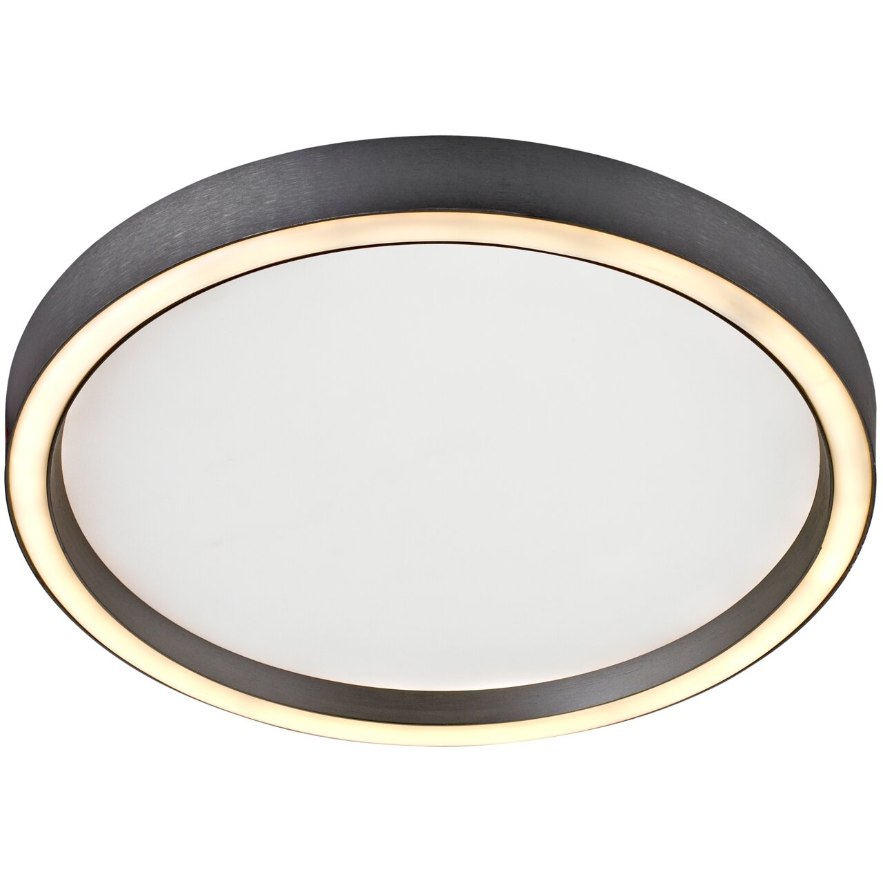 Novel LED-Deckenleuchte Runde LED-Deckenleuchte mit schwarzem Rahmen und warmweißer Lichtleiste, seitliche Perspektive