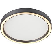 Runde LED-Deckenleuchte mit schwarzem Rahmen und warmweißer Lichtleiste, seitliche Perspektive