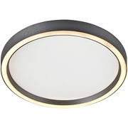 Runde LED-Deckenleuchte mit schwarzem Rahmen und warmweißer Lichtleiste, seitliche Perspektive