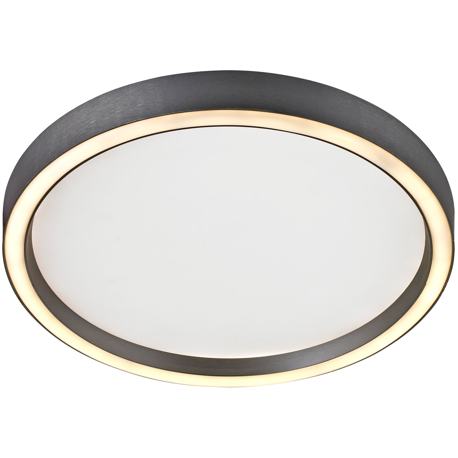 Runde LED-Deckenleuchte mit schwarzem Rahmen und warmweißer Lichtleiste, seitliche Perspektive