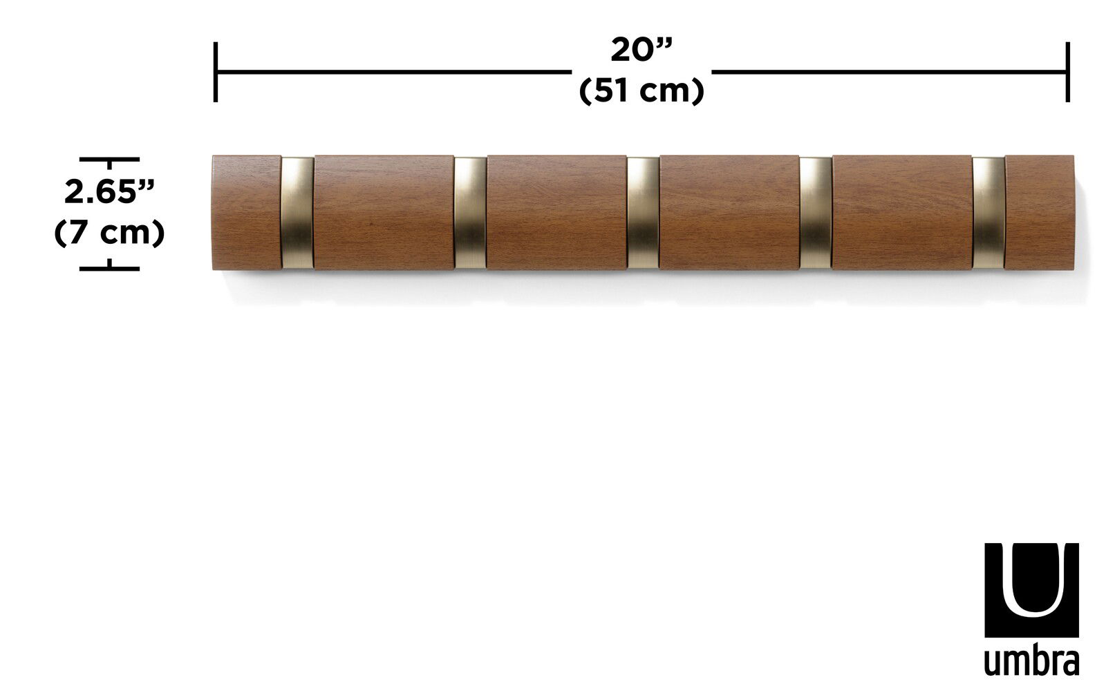 Wandgarderobe aus Holz mit fünf Haken, Vorderansicht, Maße 51 cm x 7 cm.