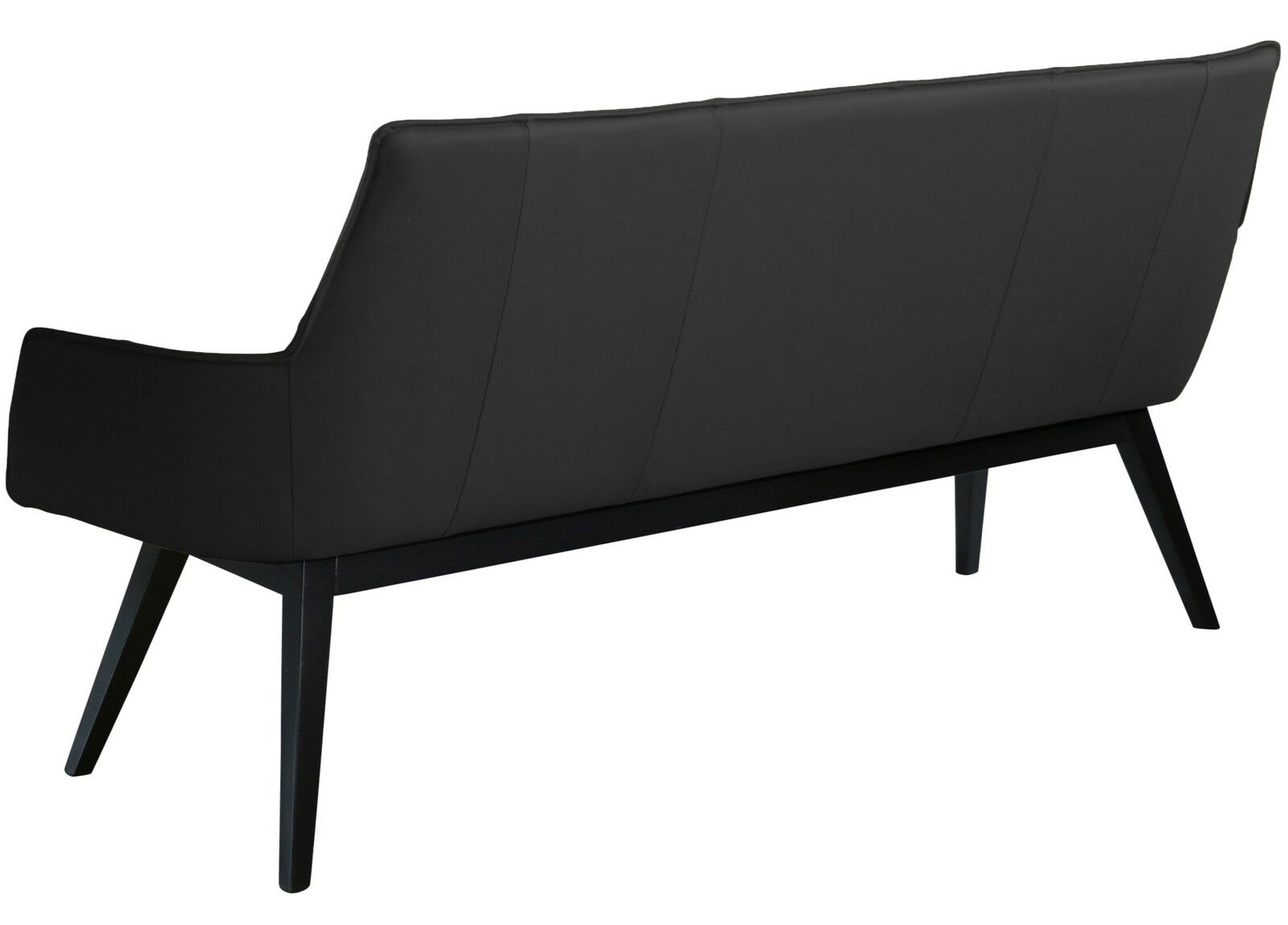 Rückansicht einer modernen schwarzen Bank mit schrägen Beinen