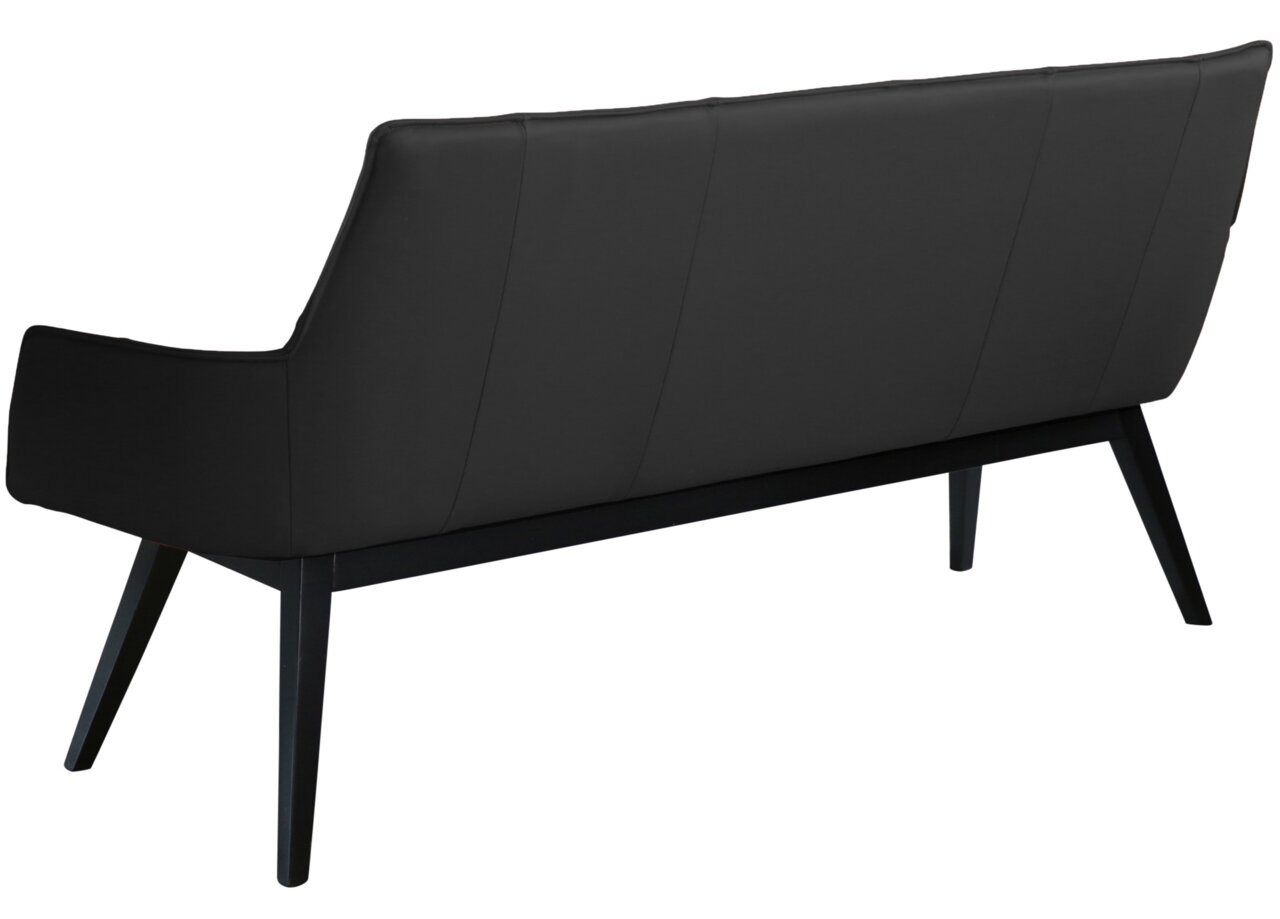 Rückansicht einer modernen schwarzen Bank mit schrägen Beinen
