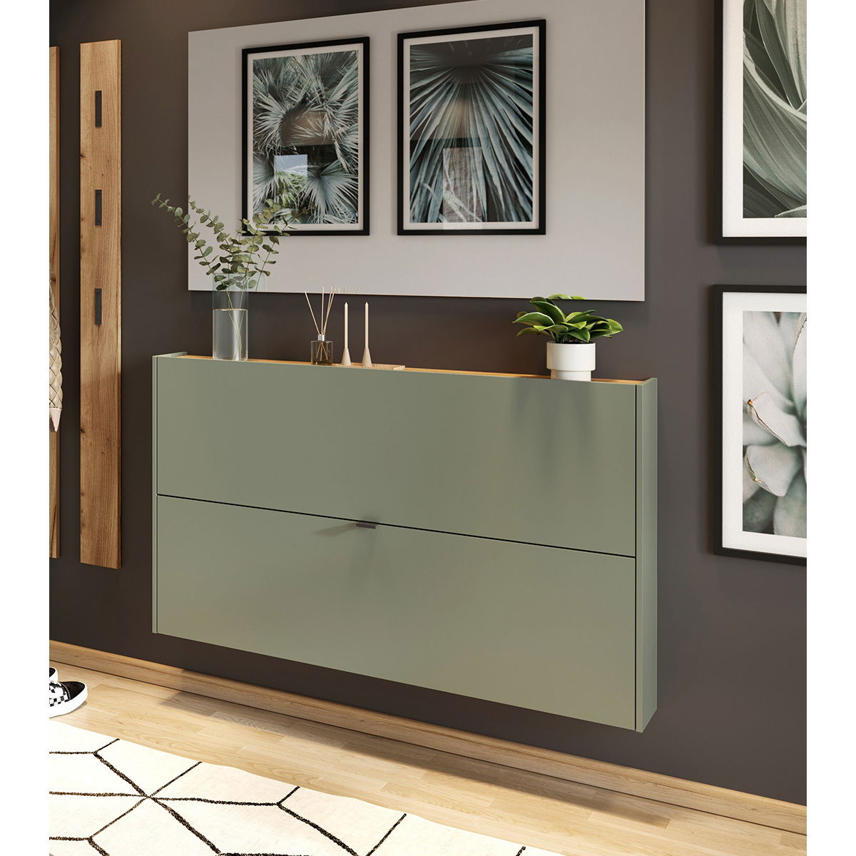MID.YOU Garderobeset AMECA Moderne Garderobe in minimalistischem Design, seitliche Perspektive, mit grüner Oberfläche und dekorativen Pflanzen.