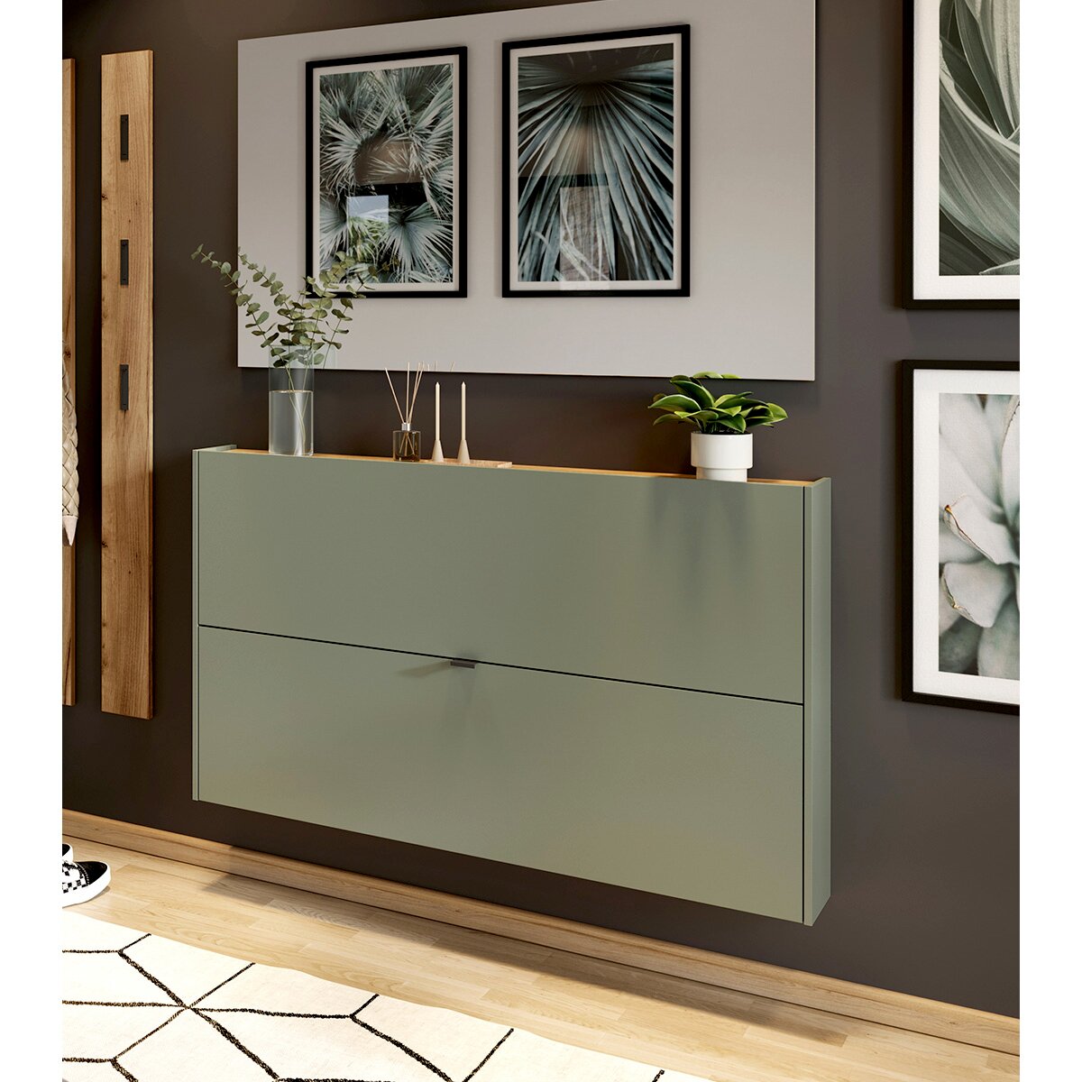 MID.YOU Garderoben-Set AMECA Moderne Garderobe in minimalistischem Design, seitliche Perspektive, mit grüner Oberfläche und dekorativen Pflanzen.