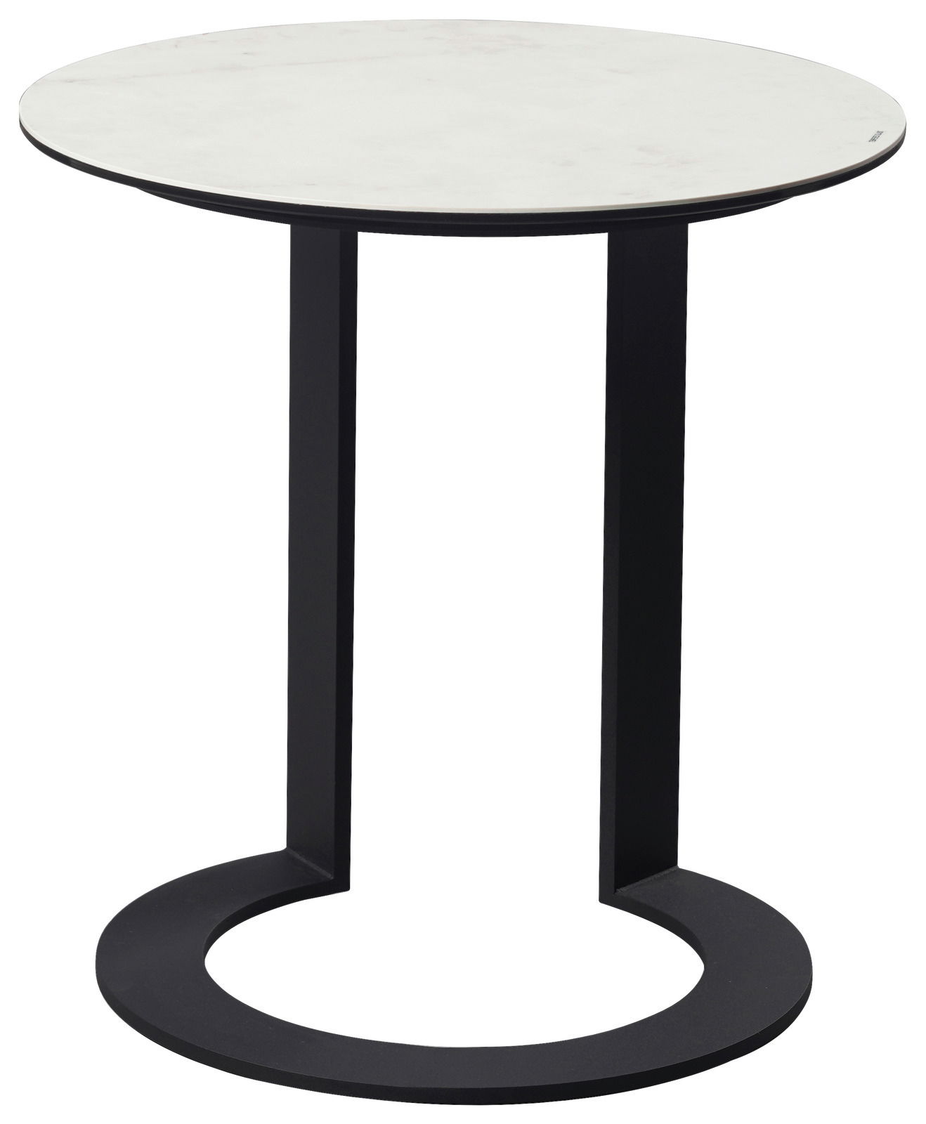 Moderner Beistelltisch mit runder weißer Tischplatte und schwarzem Metallgestell, seitliche Perspektive