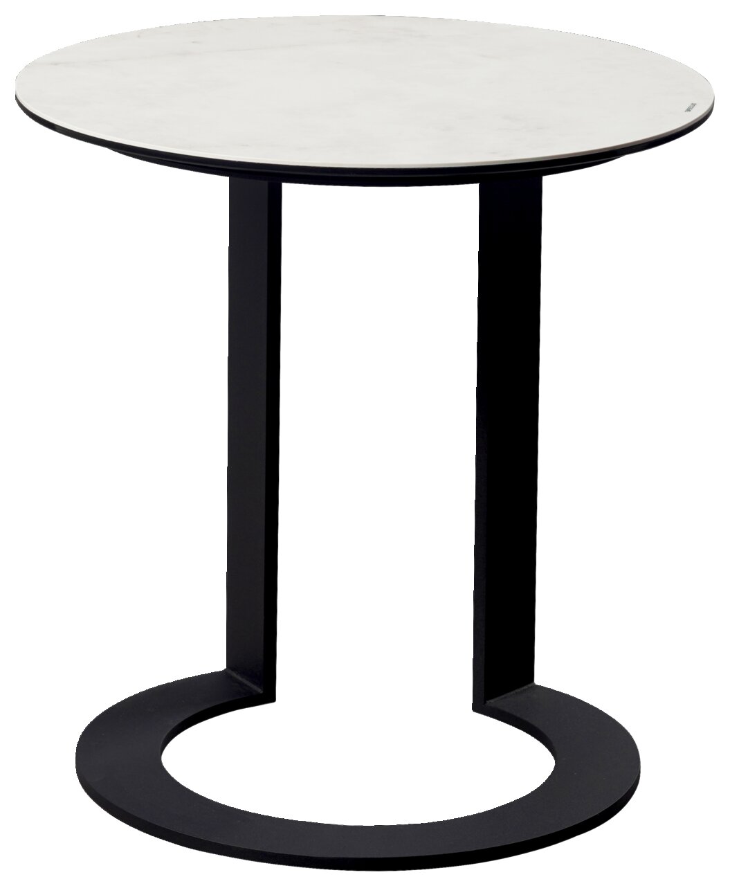 Moderne bijzettafel met een rond wit tafelblad en een zwart metalen onderstel, zijaanzicht