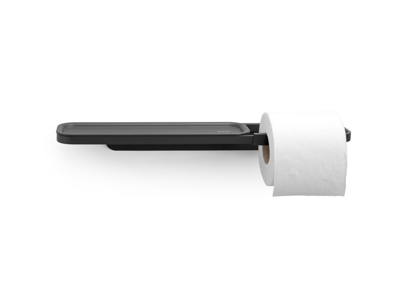 Moderner Toilettenpapierhalter mit Ablage in seitlicher Ansicht, schwarz, mit einer Rolle Toilettenpapier.