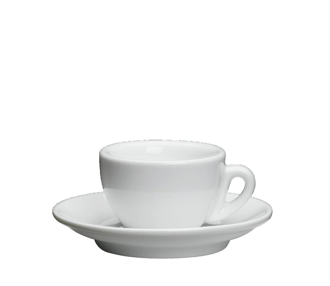 Weiße Espressotasse ROMA mit Untertasse, seitliche Perspektive