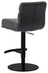 Rückansicht eines modernen Barstuhls mit grauem Stoffbezug und schwarzem Metallfuß, seitliche Perspektive.