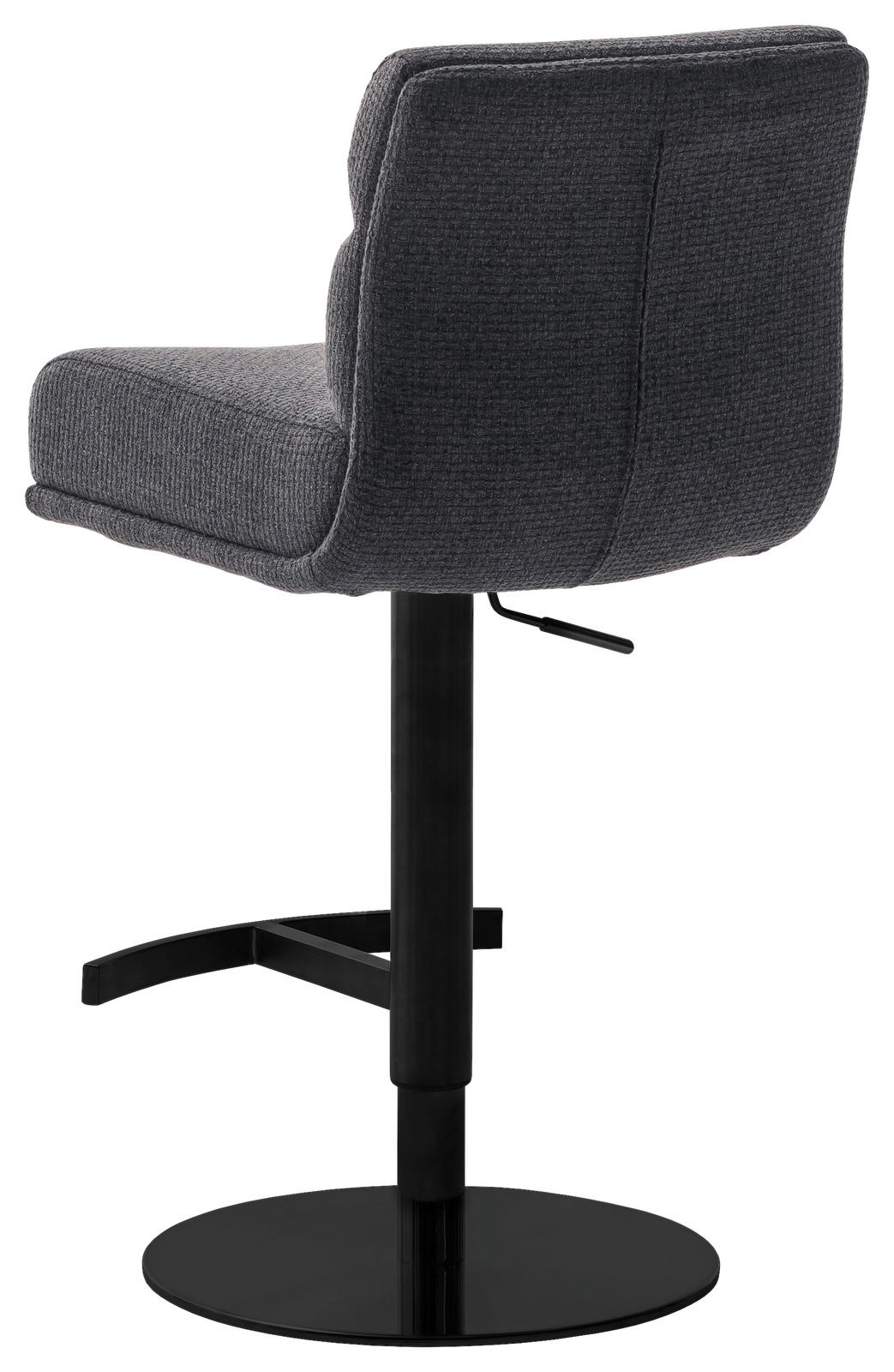Rückansicht eines modernen Barstuhls mit grauem Stoffbezug und schwarzem Metallfuß, seitliche Perspektive.